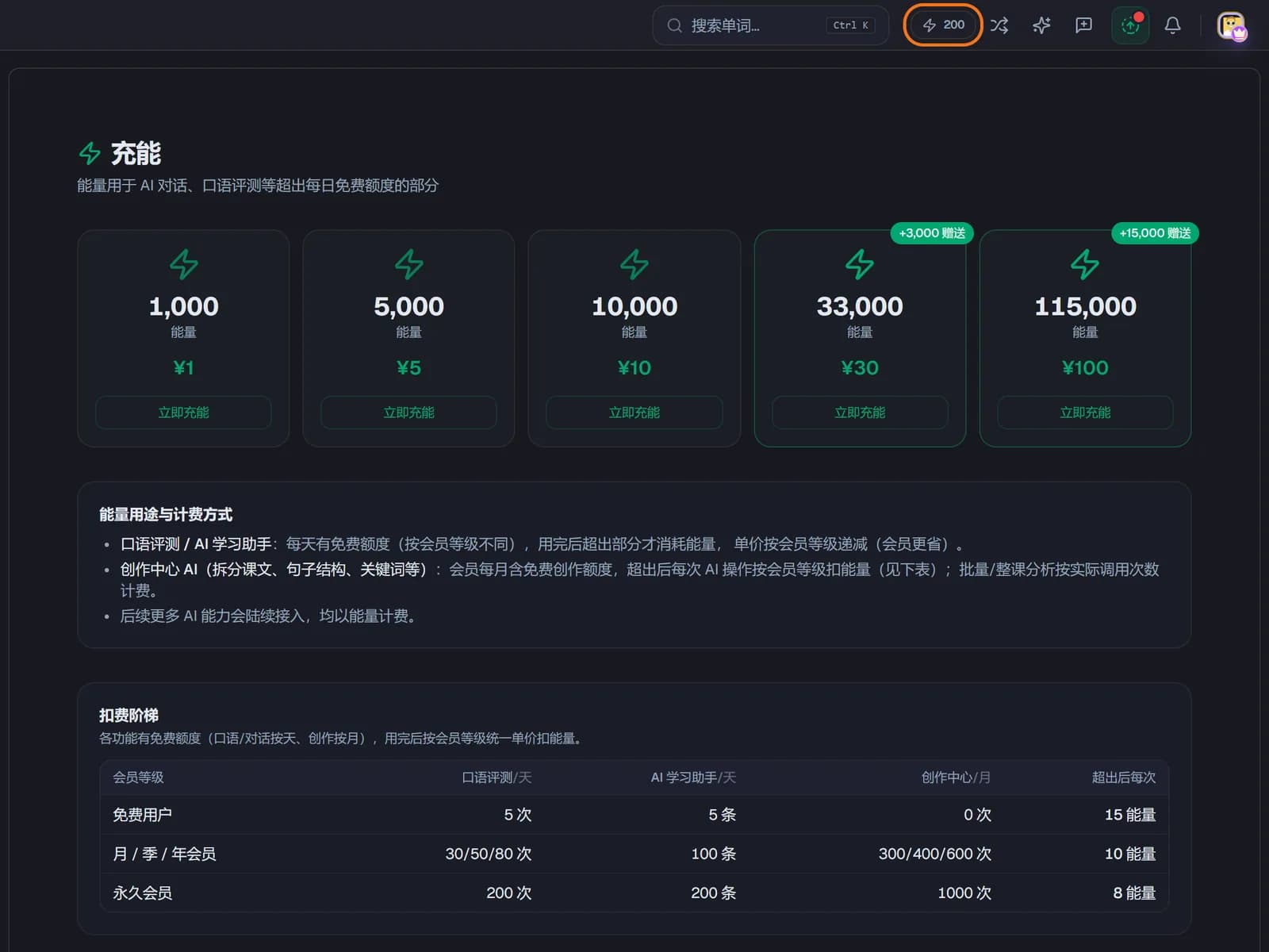 充能页：五个充值档位和各档扣能单价，顶栏框出的是能量徽标