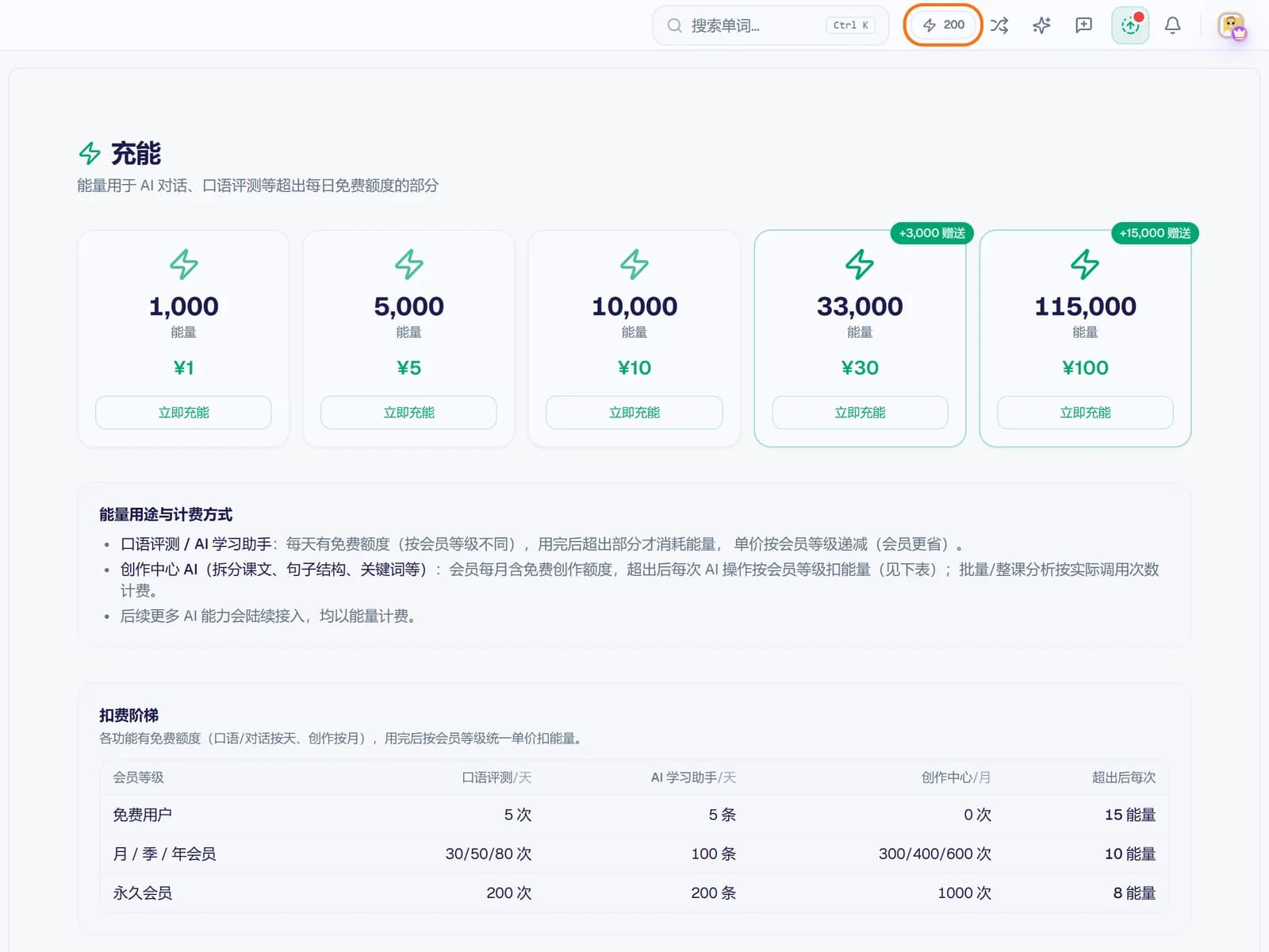 充能页：五个充值档位和各档扣能单价，顶栏框出的是能量徽标